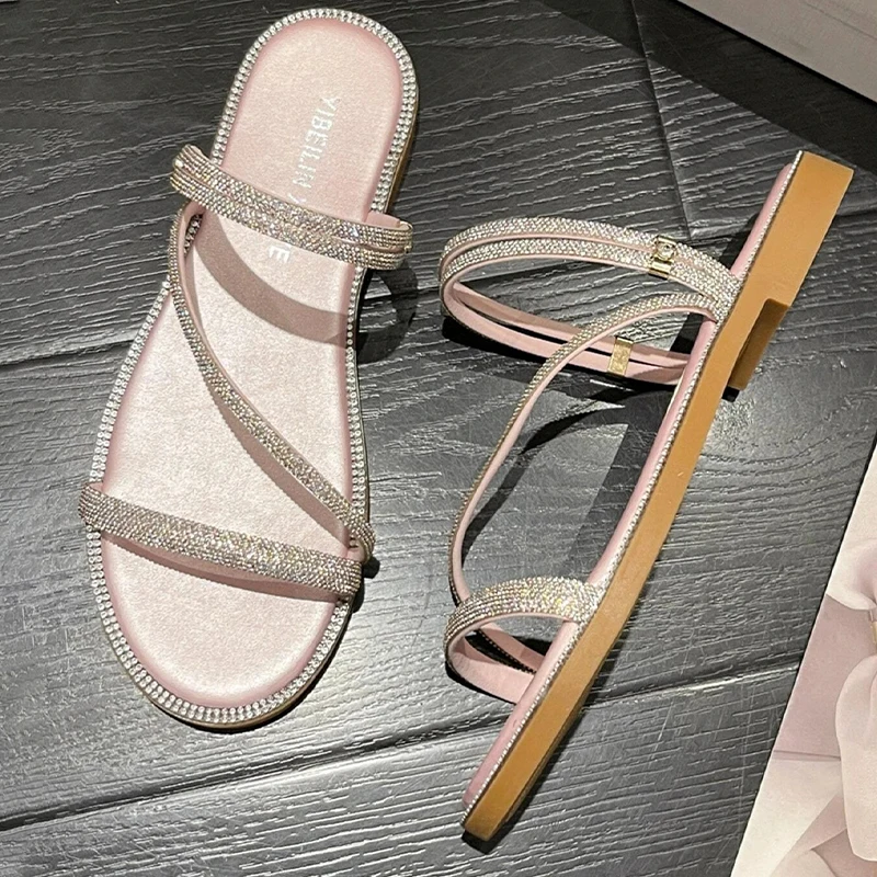 2023 New Women Fashion Rhinestone Decor Slide Flat Sandals Airy Sandals Three Style Glamorous Outdoor Sandals Female Shoes