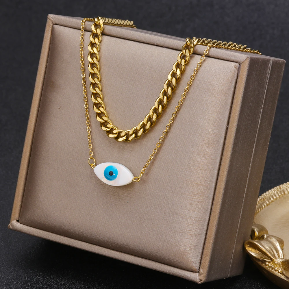 

Natural Shell Bule Evil Eyes Necklace Multilayer Stainless Steel Cuban Chain Evil Eyes Necklaces for Women