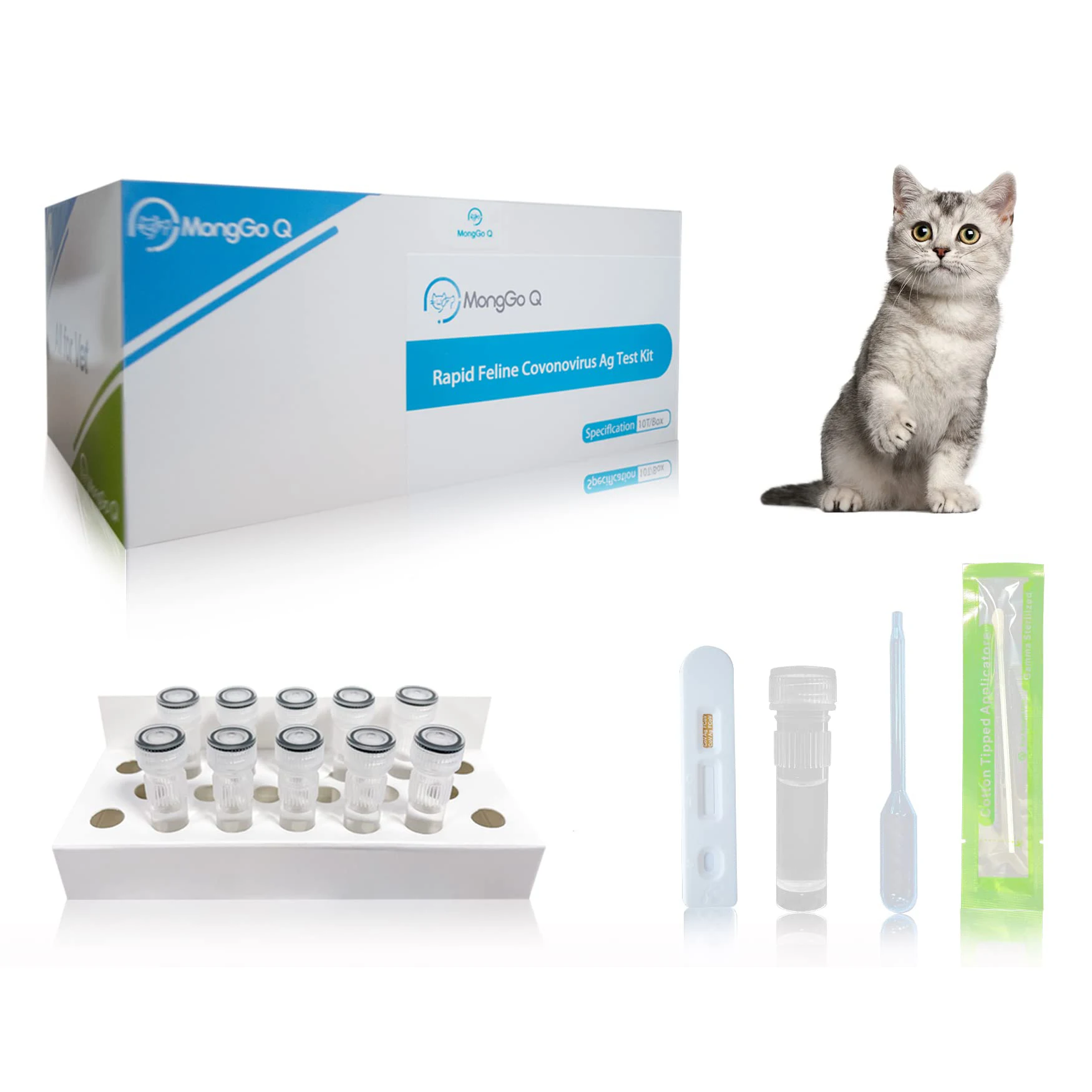 MongGo Q Rapid FCOV Ag-Kit de prueba de heces felinas para gatos, detección de heces felinas (paquete de 10)