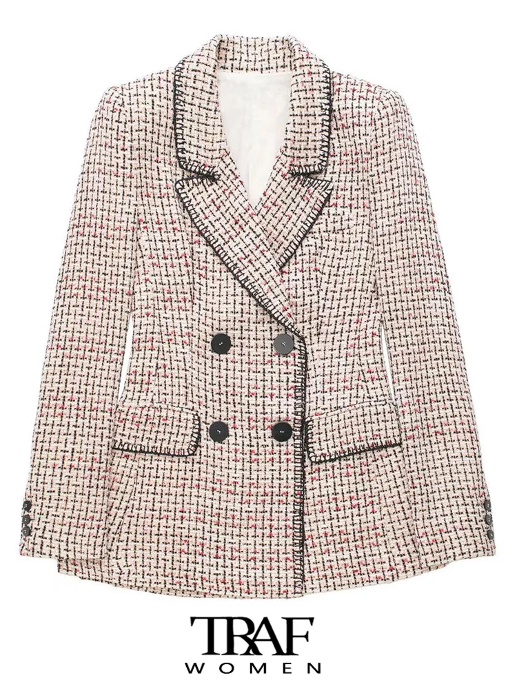 

TRAF Women Fashion Tweed Double Breasted Blazers Coat Vintage Long Sleeve Flap Pockets Female Outerwear Chic Veste Femme