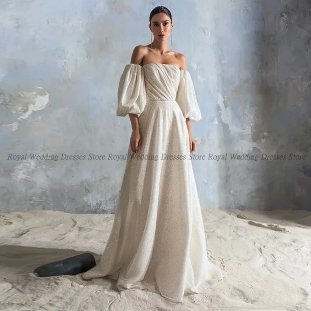 

Fashion A Line Wedding Dresses Paillette Open Back Tulle Puff Sleeve Applique Boat Neck Lace 2022 Floor Length Gowns Robe De Ma