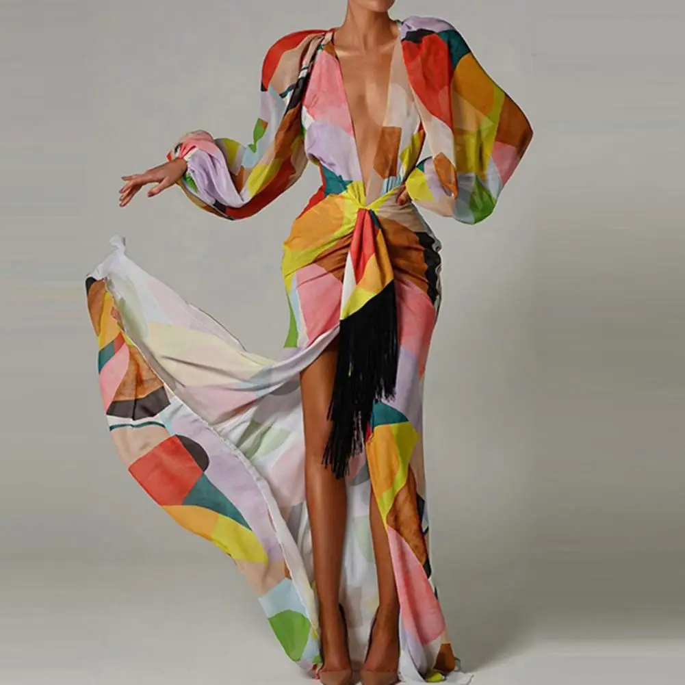 

Women Summer Dress Colorful Women's Prom Dress with Deep V Neck High Waist Long Lantern Sleeves for Party or Ball Ladies Dress