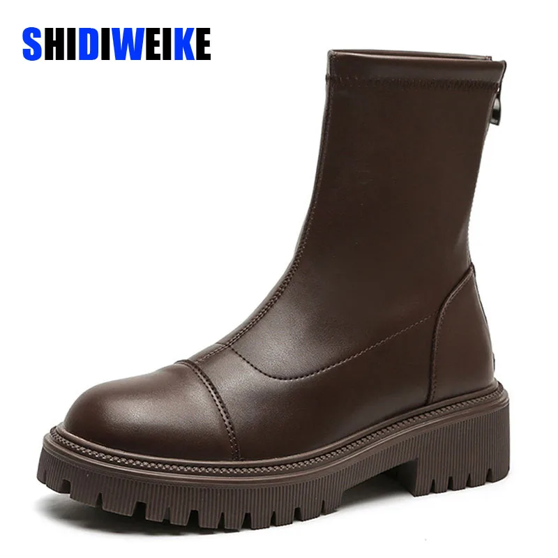 

SDWK 4cm Women Ankle Boots Leather Chunky Mid Heels Shoes Woman Winter Luxury Brand Round Toe Booties AD4679