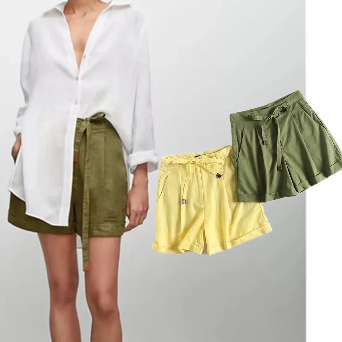 Elmsk 2023 Fashion Simple Cotton Shorts Pleated Casual Linen Sashes Bermuda Loose Shorts Women