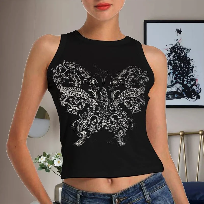 

Y2K жилет, женские футболки с принтом бабочки, забавный Черный Повседневный жилет без рукавов, топы, готические футболки, футболка, Базовая ру...