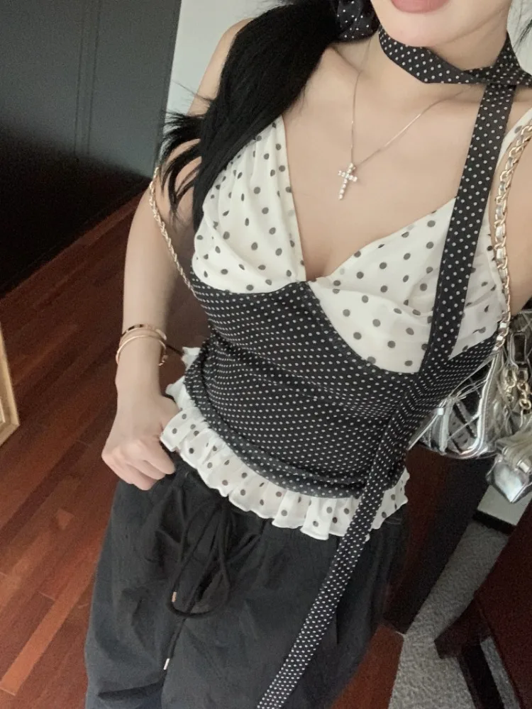 Pphome Lace Pure Desire ~ Лоскутная майка в горошек контрастного цвета для женщин летний топ