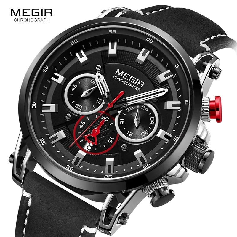 

Megir Men's 24 Hours Quartz Watches Leather Strap Chronograph 3atm Waterproof Army Wristwatch Man Relogios Masculino 2085 Black
