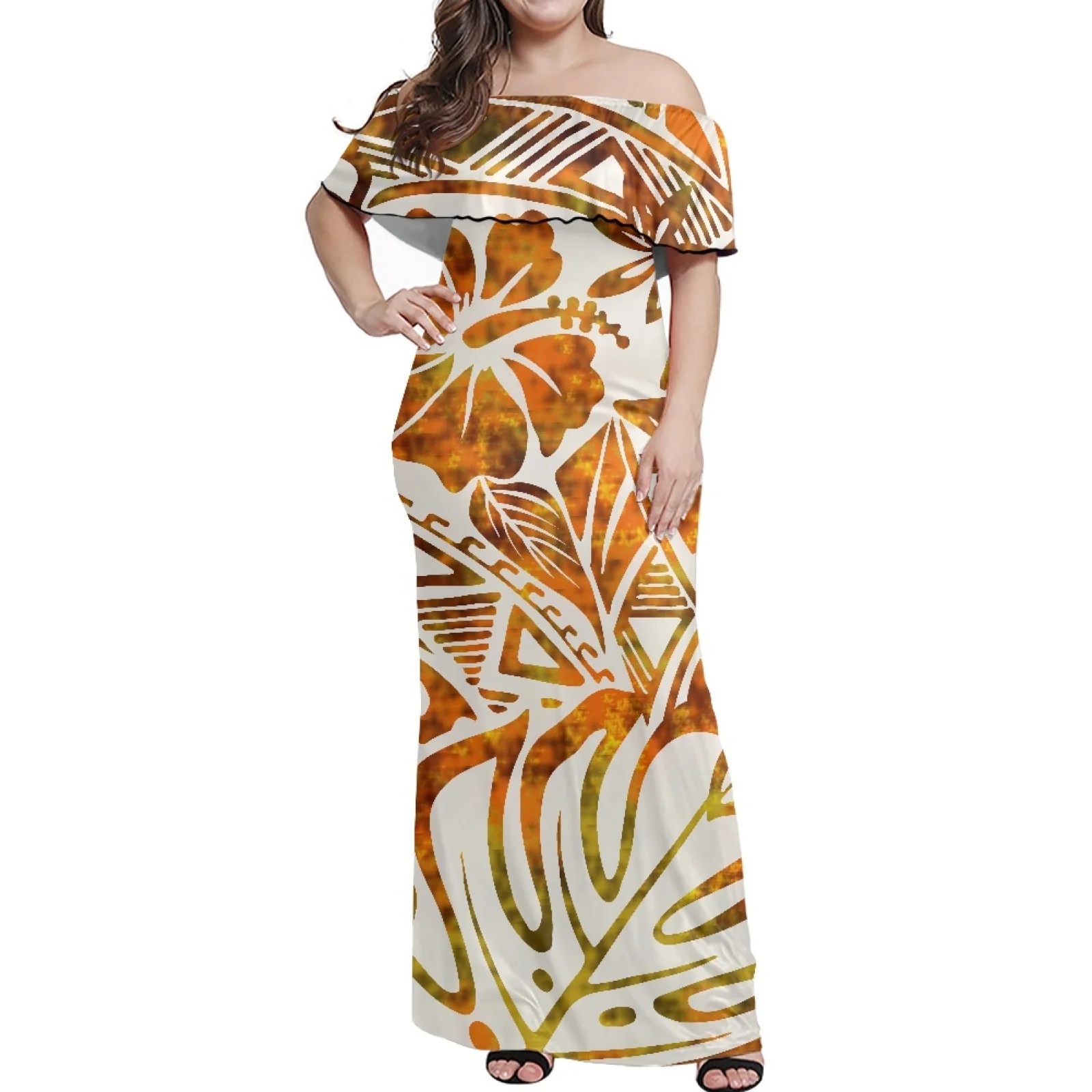 

Fashion Women's Casual Club Dress Lotus Collar Elegant Hibiscus One-Shoulder Dress Polynesian Print Is A Hot Sell This Summer
