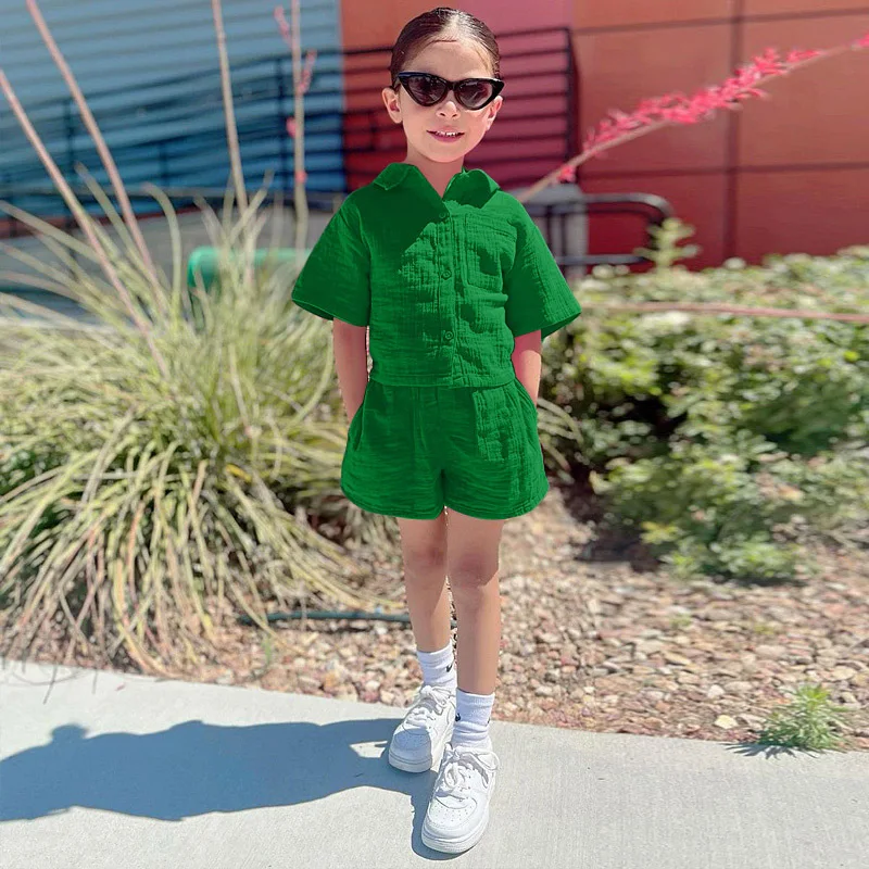 

2023 Summer Mini Baby Girls 2pcs Sets Short Sleeve Blouse High Waist Biker Shorts Two Pieces Matching Sets Fashion Kids Clothes
