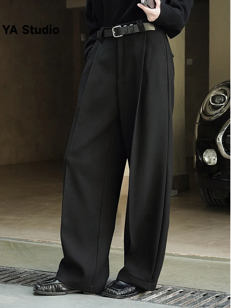 

[YA Studio] Solid High Waist Split Design Wide Leg Pants For Women Zipper Button Casual Loose Warm Trousers 2023 New Winter