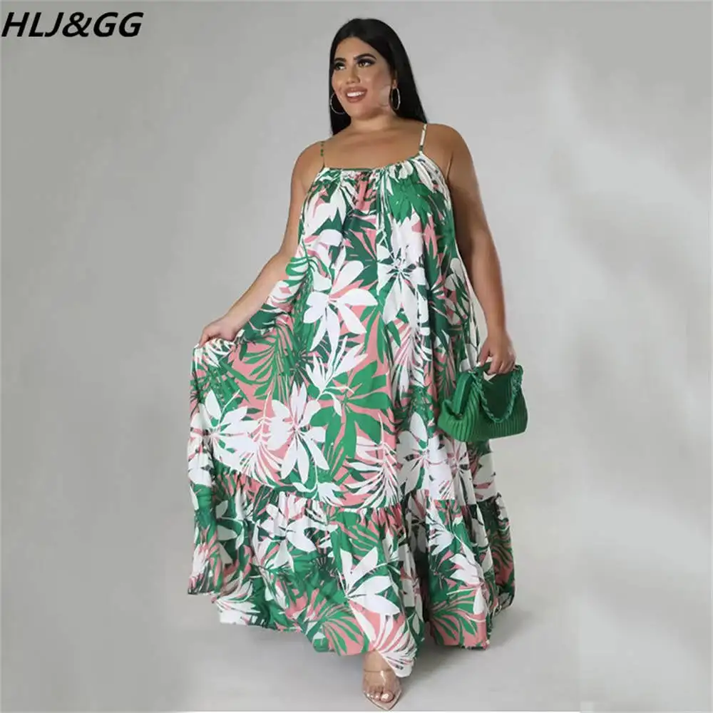HLJ&GG Casual Holiday Flower Print Suspender Dress Plus Size Women Clothes XL-5XL Female Sleeve Loose Robe Vestidos Dropshipping