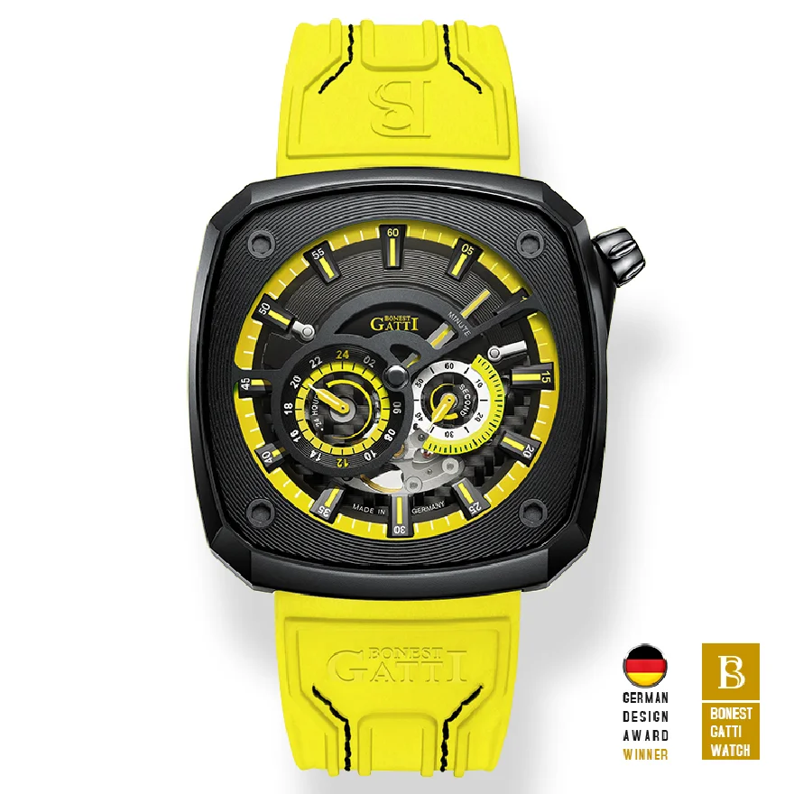

BONEST GATTI Men Automatic Watch Luxury Watches Sport Mechanical Wristwatch Square Skeleton 50M Waterproof Sapphire Luminous