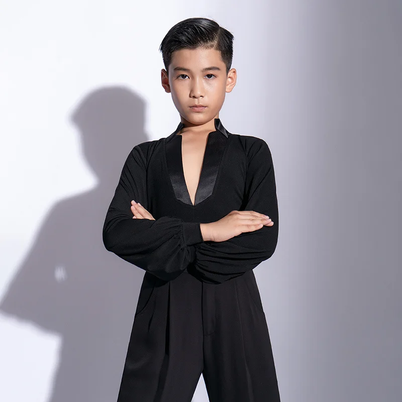 

New Kids Boy Latin Dance Costumes Children Long Sleeve V-Neck Ballroom Dance Training Clothes Rumba Dancewear