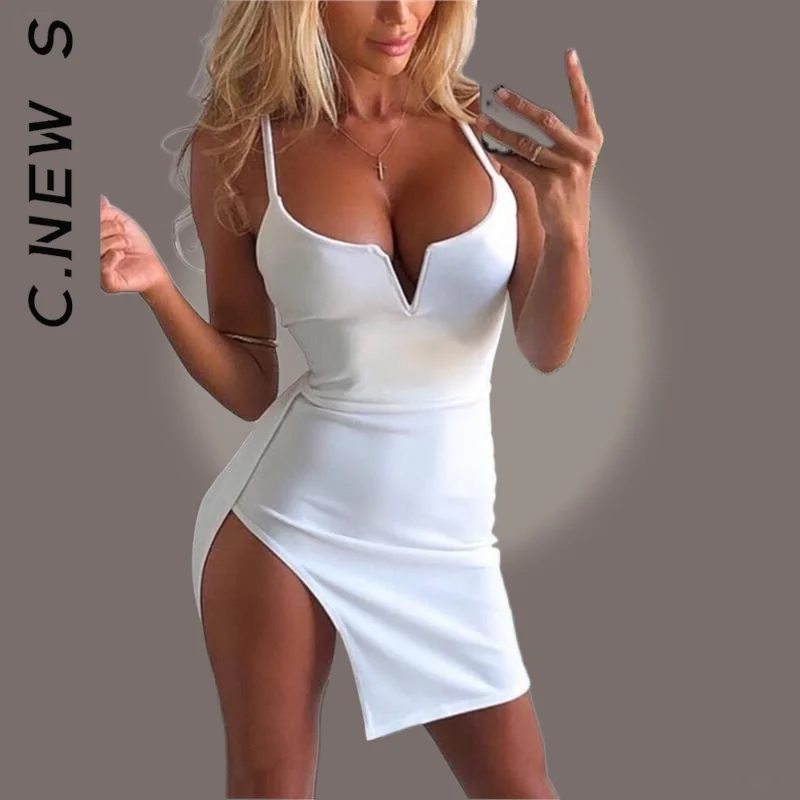 

C.New S Sexy suspender dress low-cut v-neck open back irregular tight Simple Outfits Elegant Female Vestidos Dresses Woman