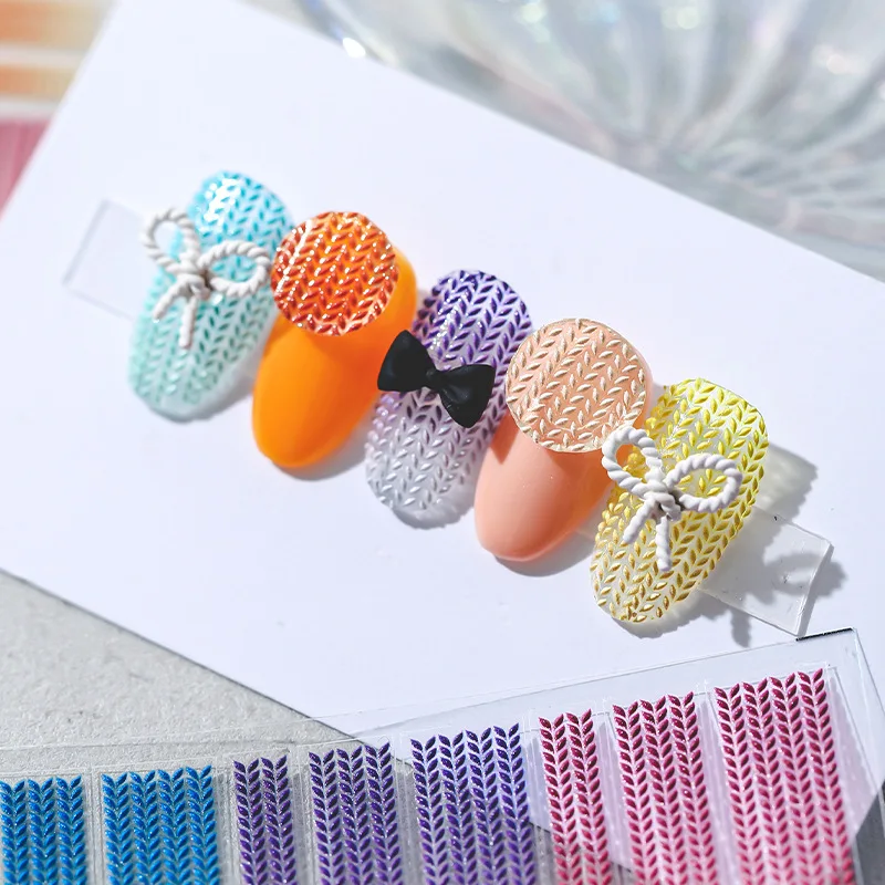 

Autumn Winter New Embossed Nail Art Sticker 3D Gradient Twisted Sweater Pattern Manicure Decorations Gel Nails Beauty Decal 2022
