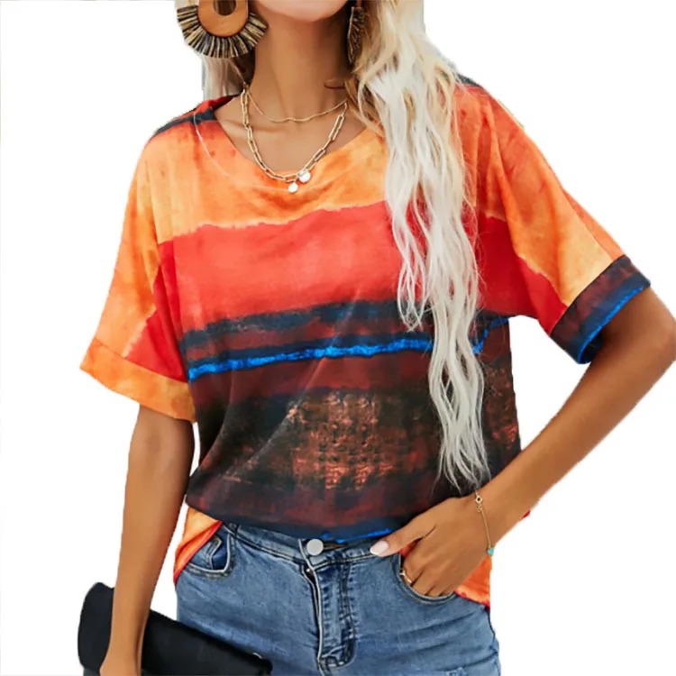

Топ женский с градиентным принтом, Повседневная Свободная футболка с коротким рукавом, в полоску, топ оверсайз, пуловер, лето 2022