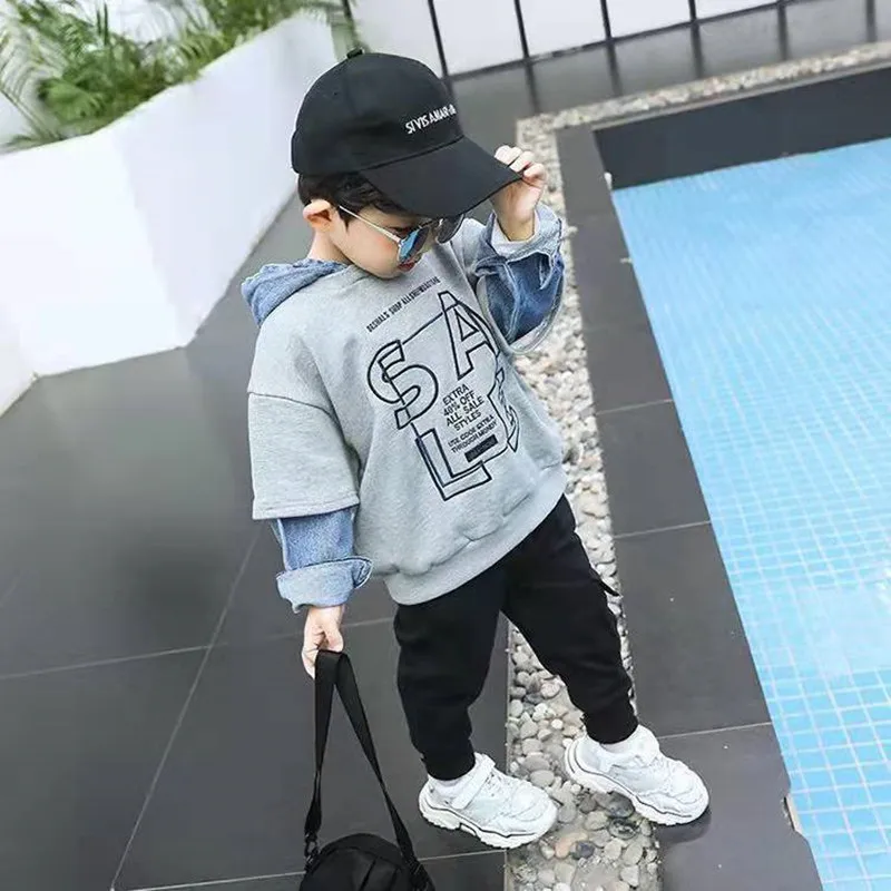 

1-6Y Boys Knitted Hoodie Spring and Autumn Style 2022 new Children's Casual Fashion Fake Two-piece Denim Top