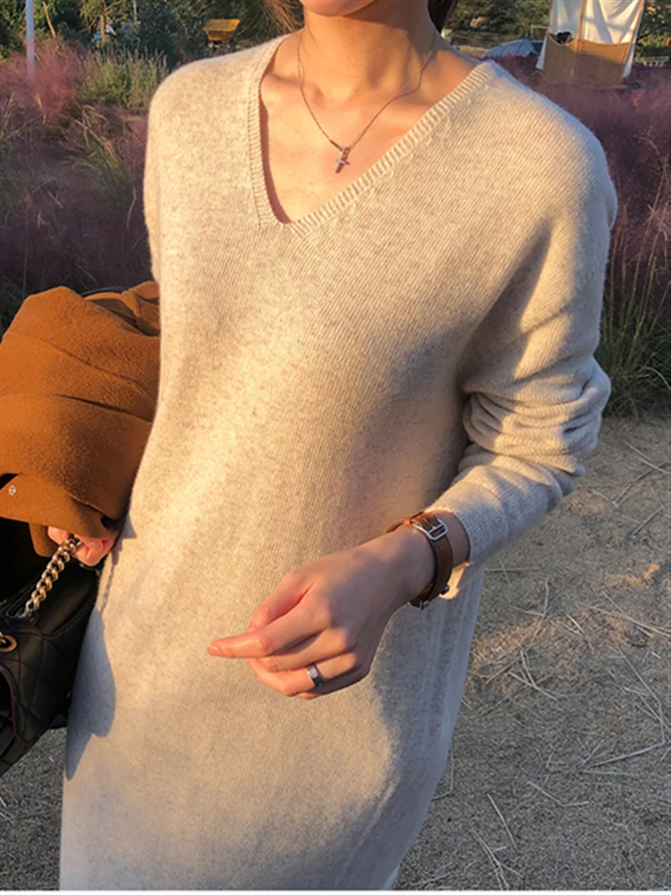 

Элегантные корейские теплые женские однотонные плотные винтажные платья 2022 новинка платье-свитер женская зимняя осенняя одежда вязаное женское платье