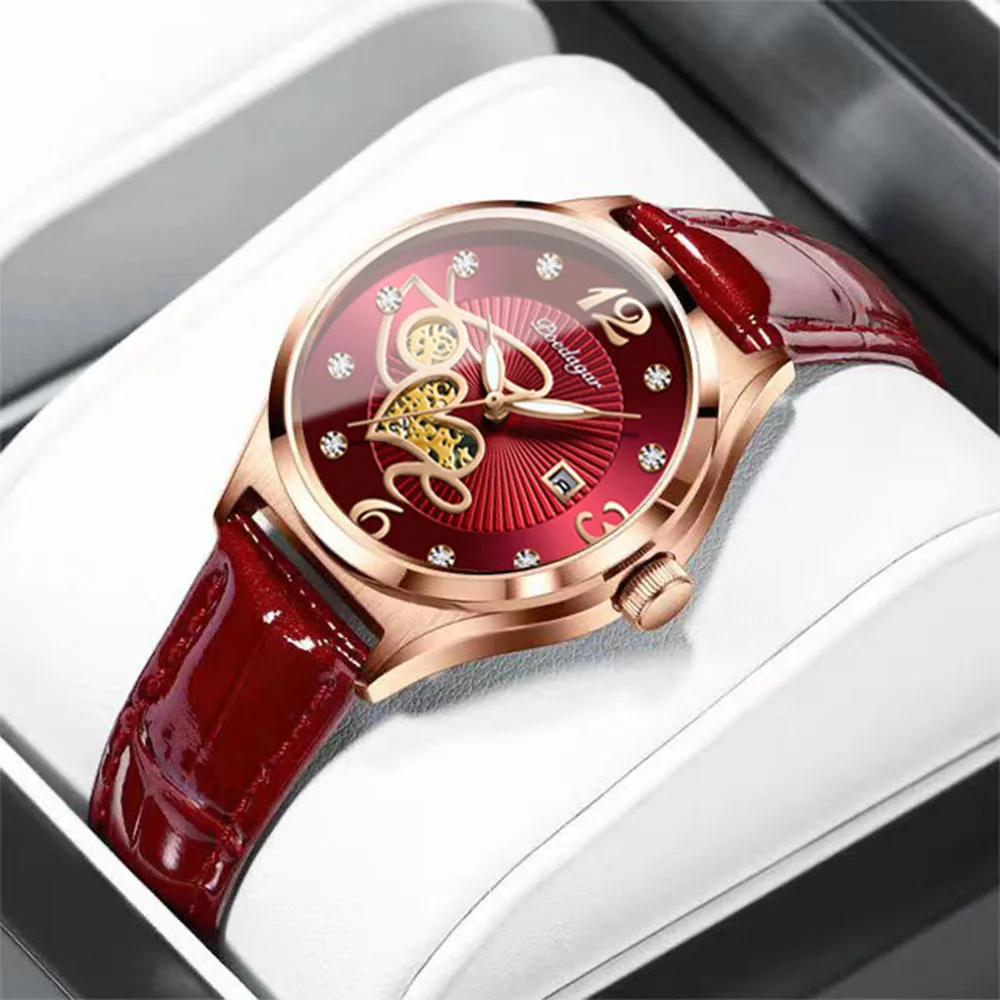 

POEDAGAR Fashion Red Quartz Watch Women Luxury Elegant Casual Clock Waterproof Luminous Date Leather Female Watch Montre Femme