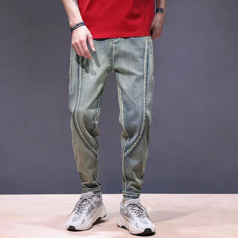 

2023 Mens New Arrivals Retro Blue Elastic Waist Drawstring Baggy Legs Jogger Jeans Man Casaul Denim Pants Streetwear