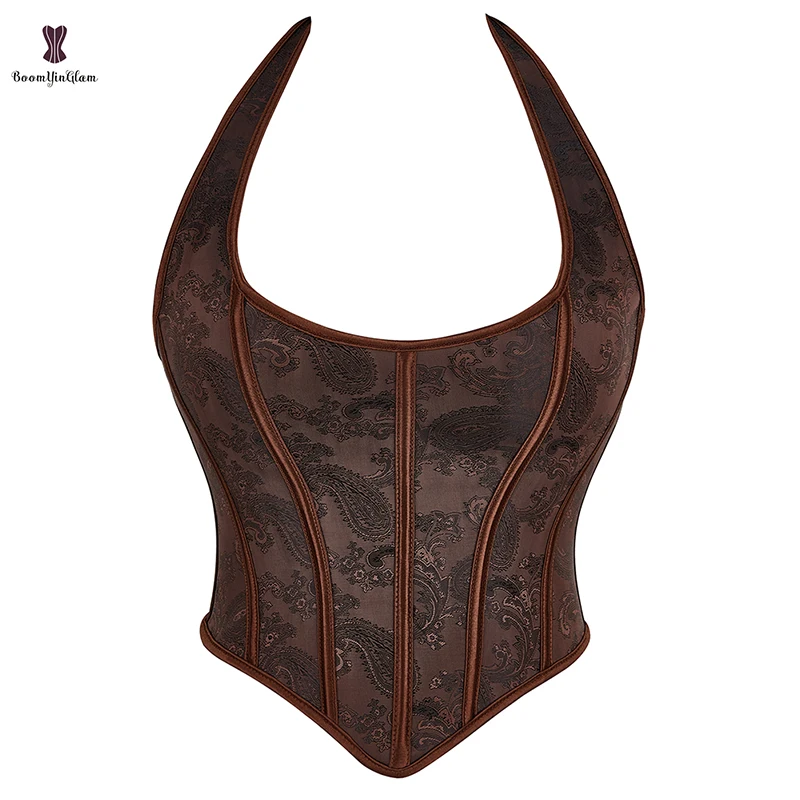 Brown Steampunk Clothing Retro Chest Binder Bustier Halterneck Corset Top Women Corselet Plus Size