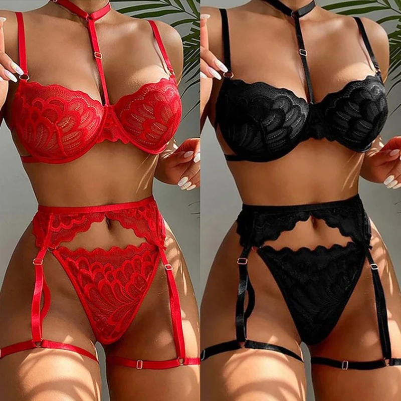 

Sexy Lingerie Women Bra Garters Thongs Patchwork See Through Lingerie Set Ladies Sexy Underwear Set