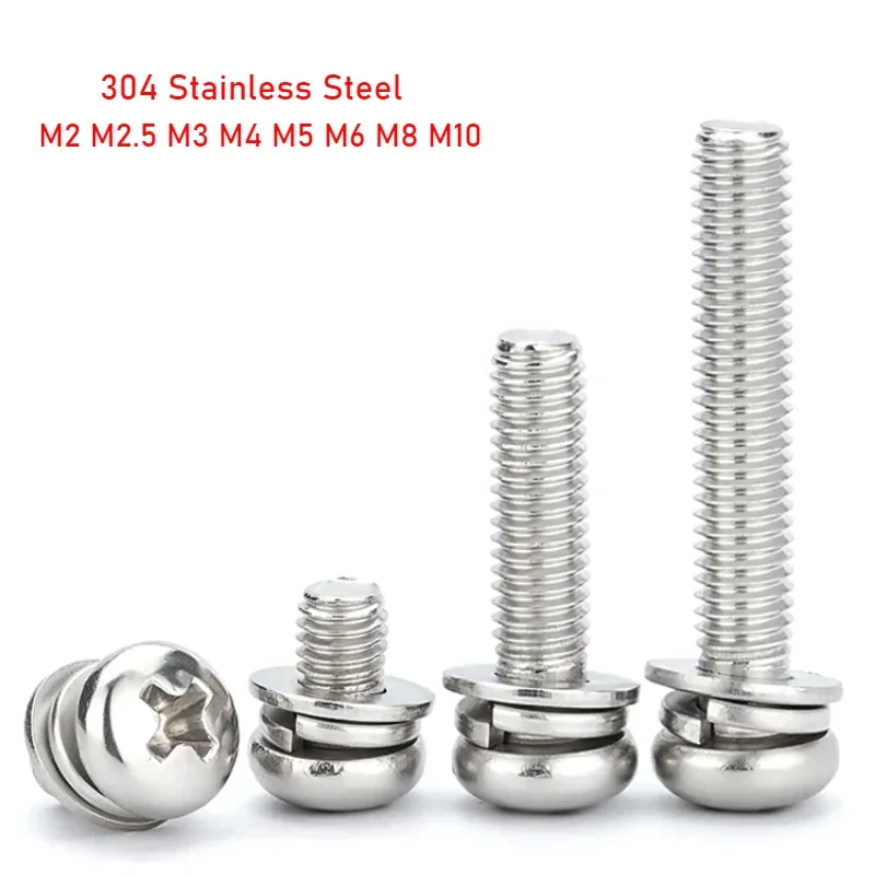 

M2 M2.5 M3 M4 M5 M6 M8 M10 304 три комбинированных шурупа из нержавеющей стали с круглой головкой пружинные шайбы винты с крестовой головкой