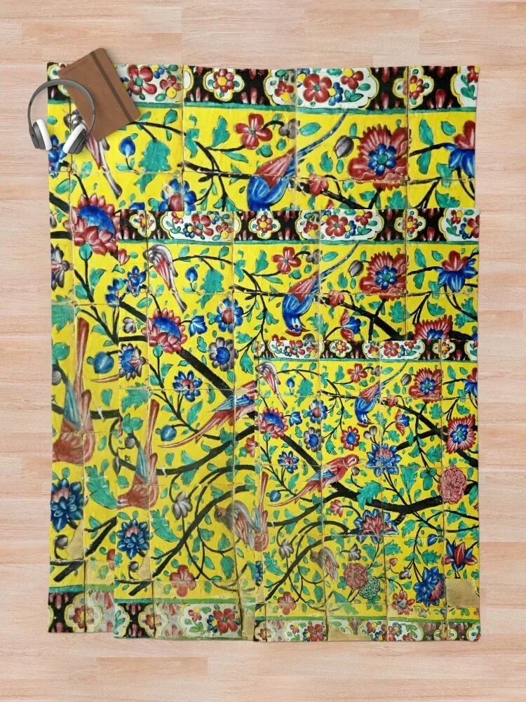 Persian Flowers and Birds Tile Mosaic Shiraz Iran Throw Blanket Soft Nap Hairy Blankets