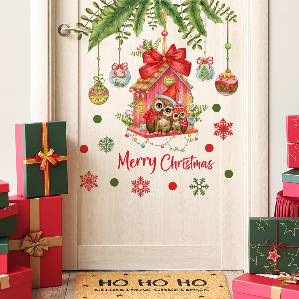 

С Рождеством Сова Дом Наклейка на стену Рождественский Декор двери Фреска Гостиная Мультфильм Новогоднее украшение Самоклеящиеся наклейки