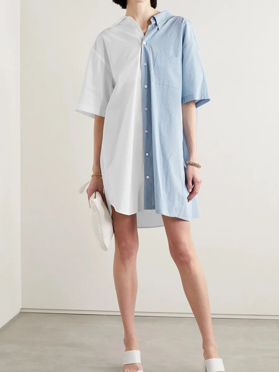 

Straight Irregular Shirt Dress Summer Loose Special Patchwork Striped Women's Dresses Single Breasted Cool POLO Collar Clothes