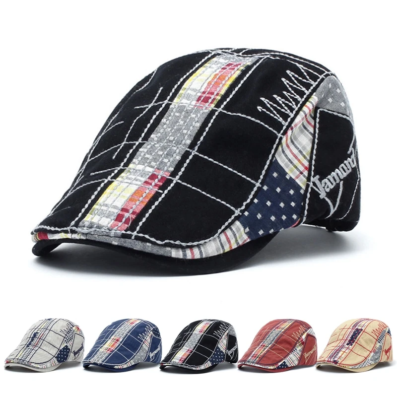 

Plaid Patchwork Cotton Newsboy Cap Men Casual Ivy Hat Duckbill Visor Cabbie Hats Summer Gorras Planas Flat Cap For Women Hat