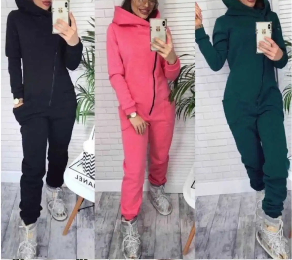 

Women's Winter Jumpsuit Integral Fleece Zipper Bag Cap Solid Color Long Sleeved Warmth Preservation Autumn Fashion Overalls