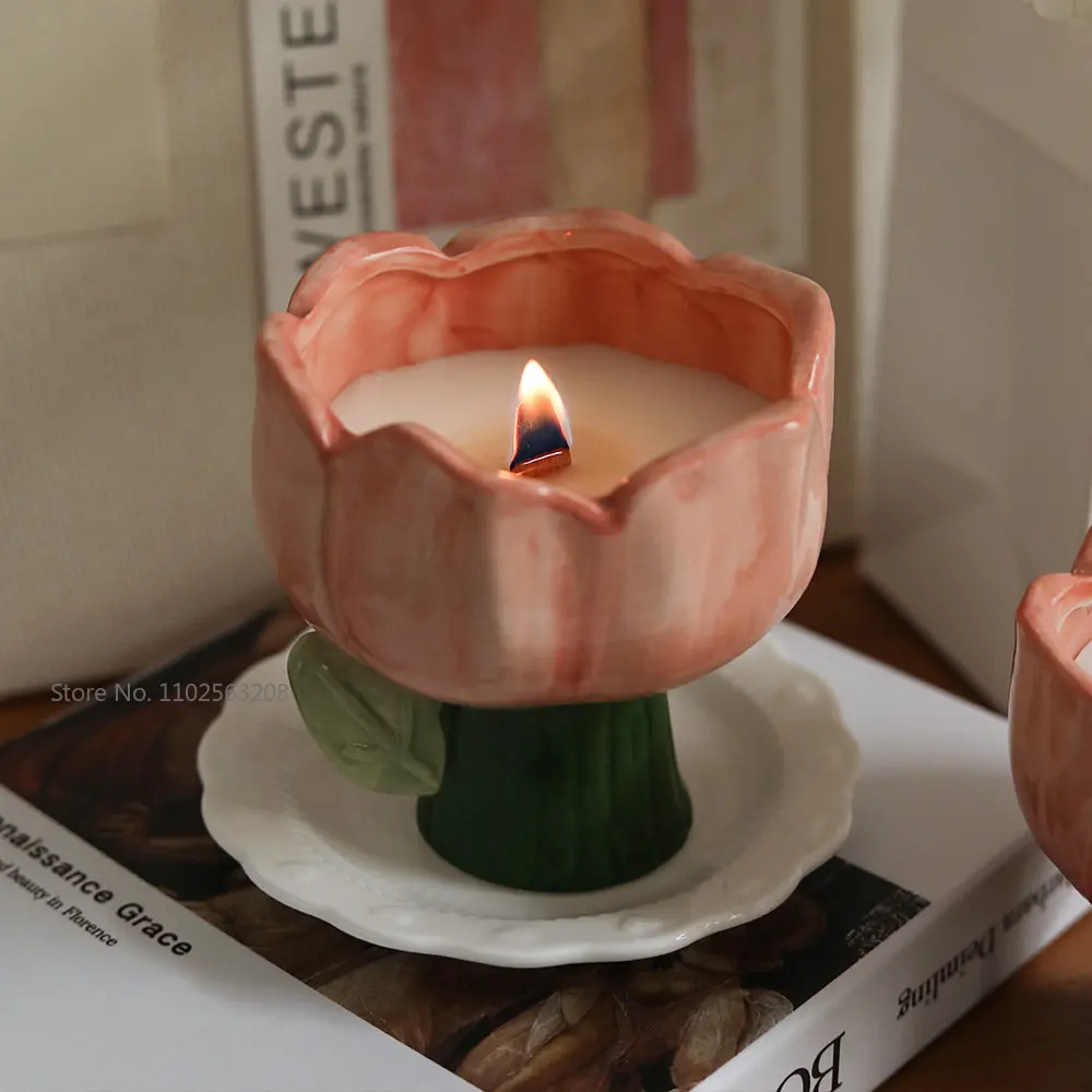 

Hand-kneaded Tulip Ceramic Scented Candle Container Candle Jar Decorative Aromatherapy Container Tableware Dessert Handmade
