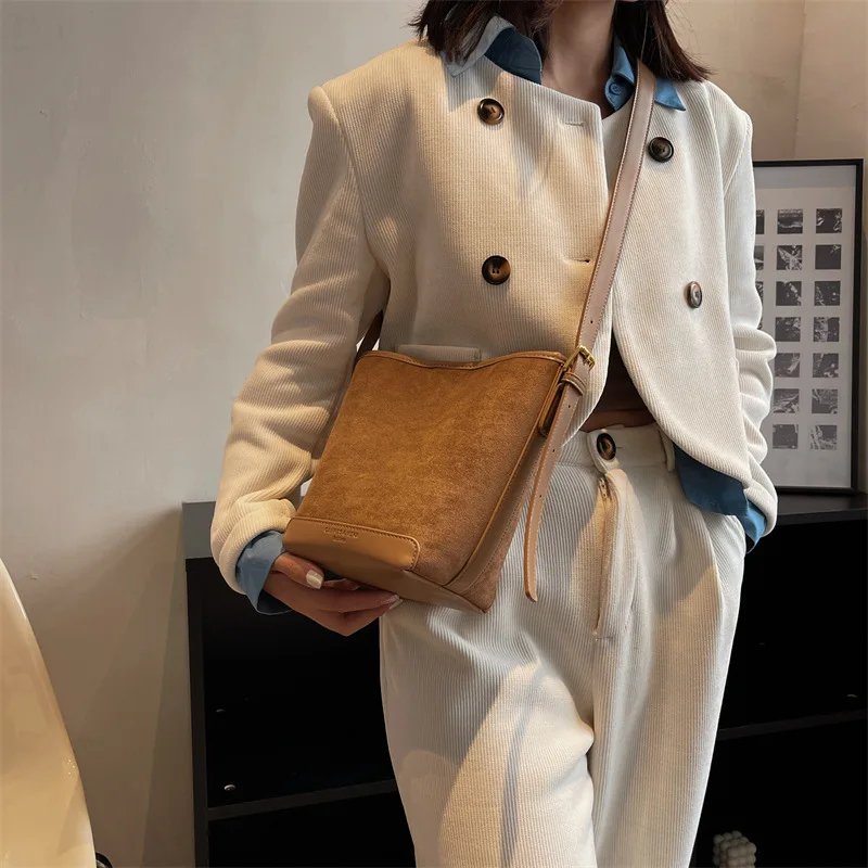 Retro Frosted Leather Commuting Bucket Crossbody Bags for Women Fashion Buns Mother Bag Multi-function Shopping Shoulder Storage