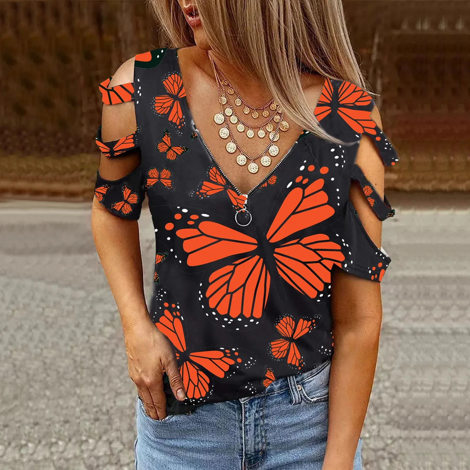 

Модная блузка с принтом бабочки, женская рубашка, повседневный пикантный топ с открытыми плечами, повседневный летний женский пуловер с кор...