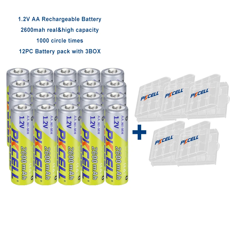 

20PC PKCELL AA Battery 1.2v NIMH Batteries camera flashlight Toy AA Rechargeable battery 2600mah pack with 5PCbattery box holder