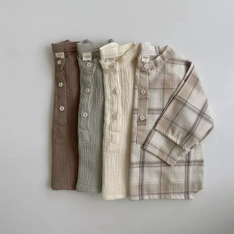 

Детские футболки из органического хлопка с длинным рукавом, футболки для мальчиков, корейские свободные однотонные футболки в клетку для маленьких мальчиков и девочек