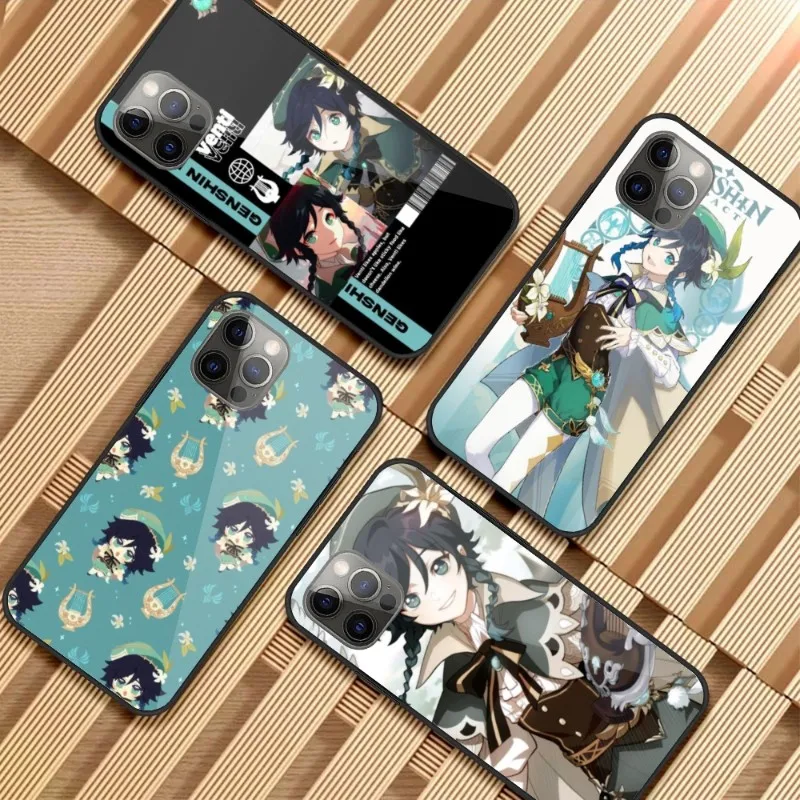 

Ударопрочный чехол для телефона Genshin Venti для iPhone 14, 13, 12, 11, XS, X, 8, 7, 6 Plus, Mini Pro Max, SE 2022, стеклянный чехол для телефона из поликарбоната