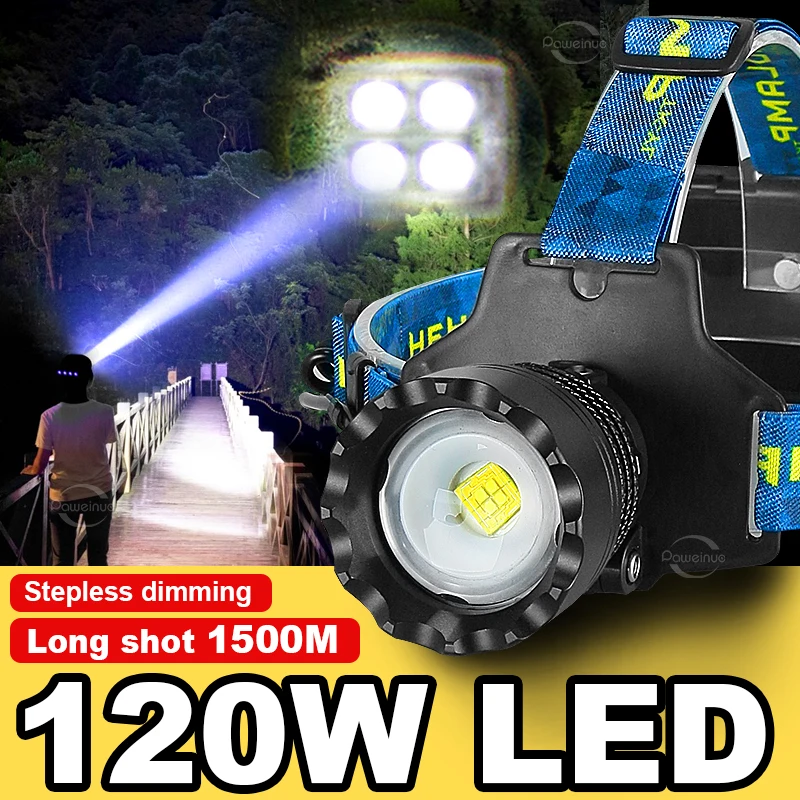 

NEW 120W LED Powerful Head Flashlight Rechargeable 10000000 Lumens Headlight Camping 1500M Headlamp Waterproof Fishing Lantern