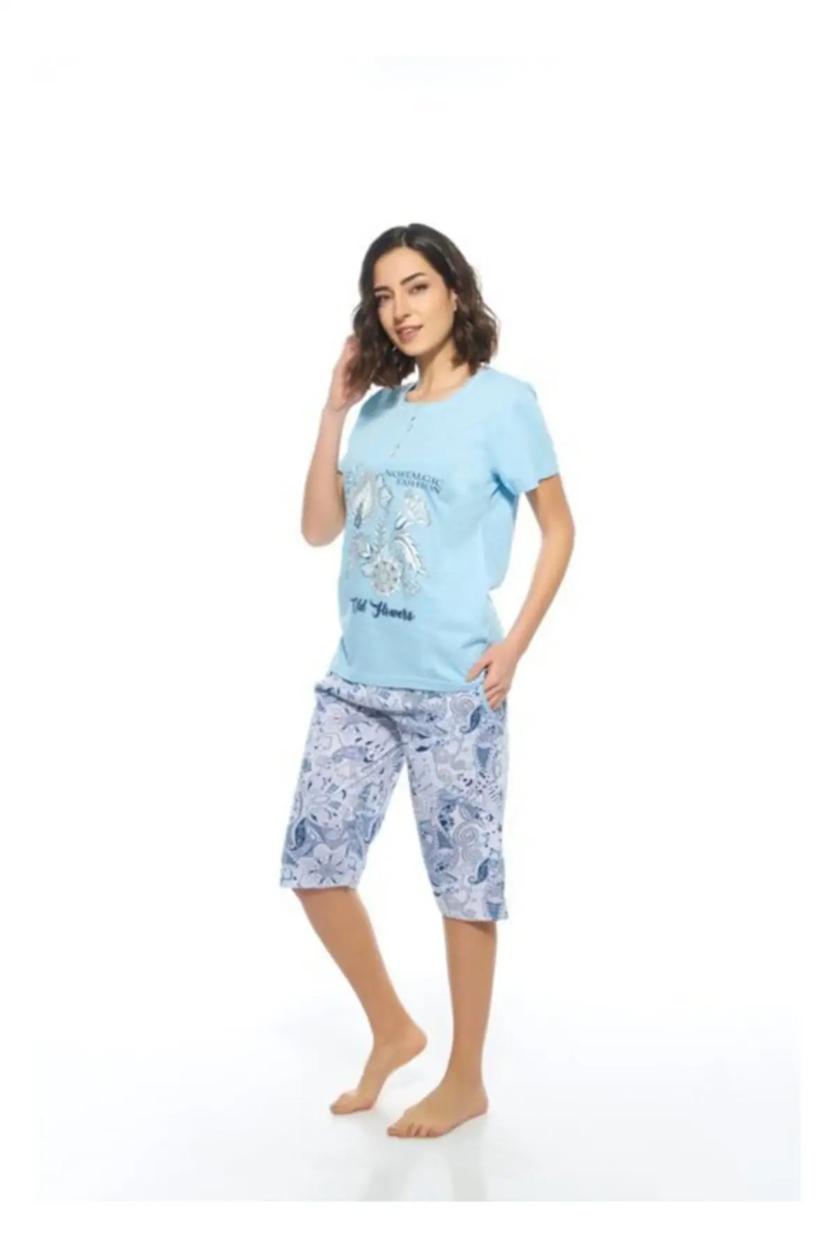 

Women's Pajamas Blue Cotton Sleep Lounge Pajamas Elastic Waist Nightwear Retro Sleepwear Night Suit Casual Home Clothing