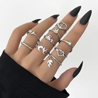 stillgirl 9pcs punk flame crystal silver color rings for women kpop heart pendant letter couple emo fashion jewelry anillos anel