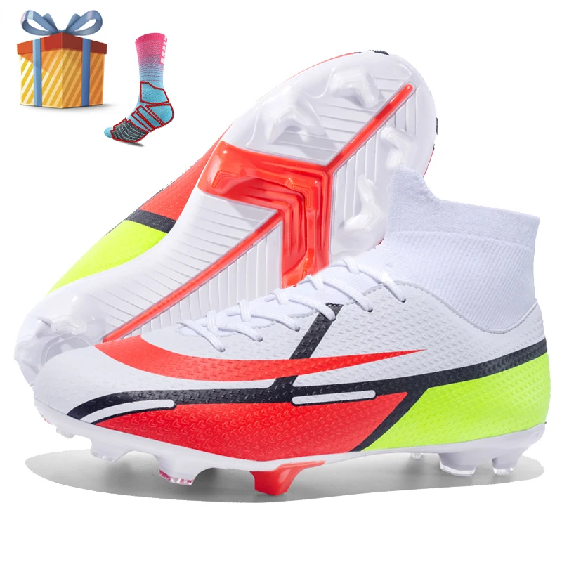 

High Ankle Football Boots Men Big Size Soccer Sneakers White Outdoor Cleats Long Spikes Profession Chaussure Football Shoes