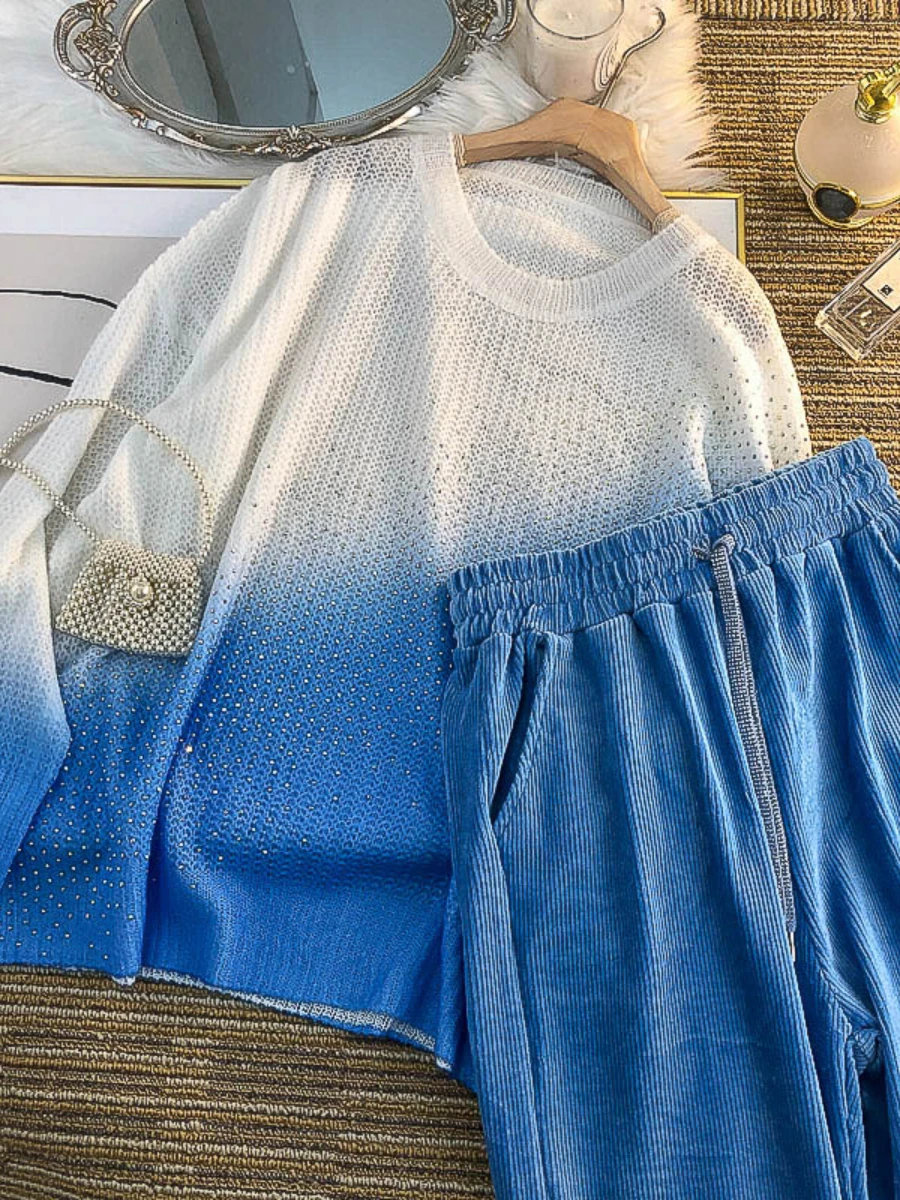 Streetwear Rhinestone Contrast Color Knitted Sweater Top Wide Leg Pants Suit Women 2022 New Autumn Sports Casual Two-Piece Set