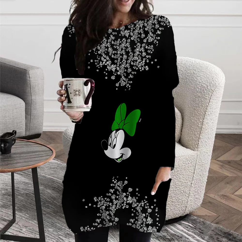 Disney Minnie design sweet print fashion long-sleeved over-the-knee Dress Autumn/Winter Loose Office Pocket Top S-6XL