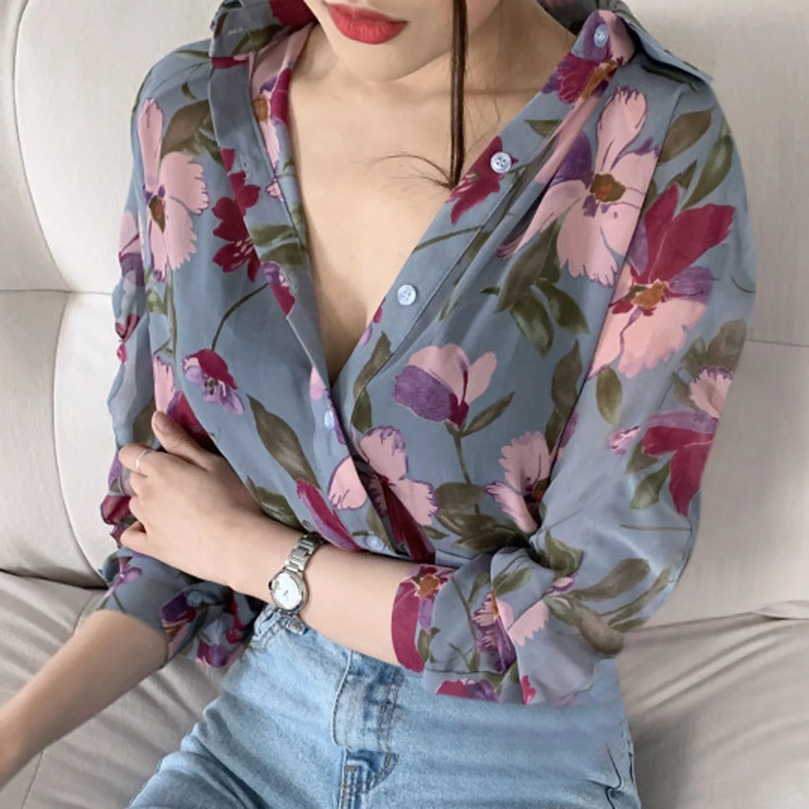 

Блузка женская с цветочным принтом, винтажная рубашка с отложным воротником и глубоким V-образным вырезом, уличная одежда, топы и блузки с длинным рукавом