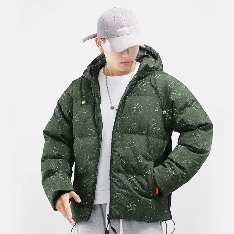 Men's Fashion Starry Sky Print Hooded Jacket Thicken Loose Cotton Jacket Korean Clothes Mens Winter Jackets and Coats