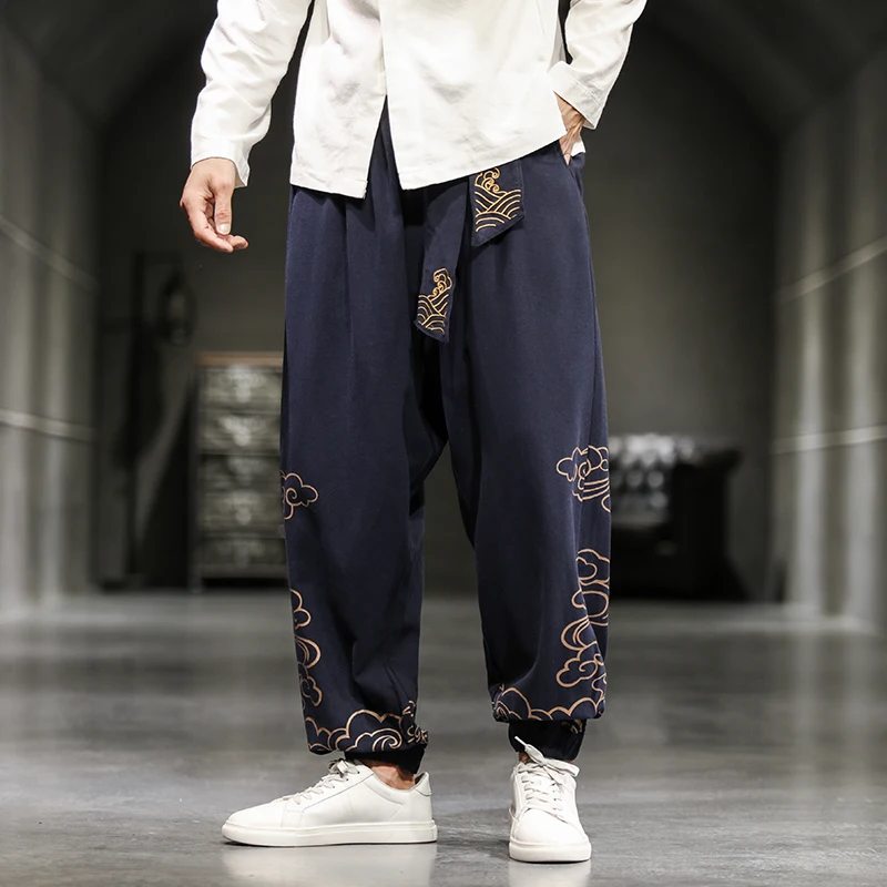 

Брюки-султанки мужские в китайском стиле, модная Ретро одежда с принтом благоприятных облаков, повседневные свободные брюки-султанки из конопли, осень