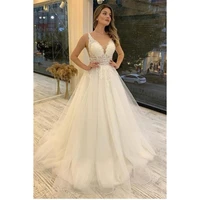 a line v neck lace wedding dresses 2022 beaded appliques tulle backless bridal gowns with sweep train vestidos de novia