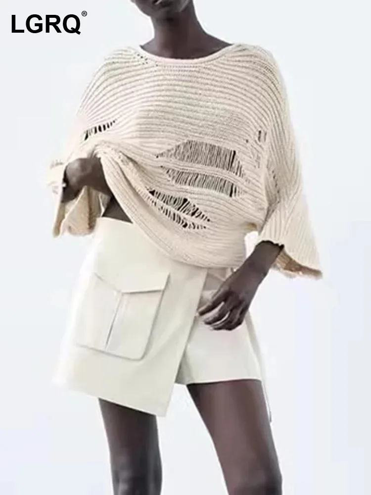 

LGRQ Women's 2023 Fashion Wornout Broken Hole Design Knitted Pullover Elegant Personality Trendy Long Sleeve Sweater New 19F3798