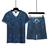 2022 summer mens oversized tshirt sets v neck tracksuit printing short sleeve retro style mens clothing sport shorts man pants